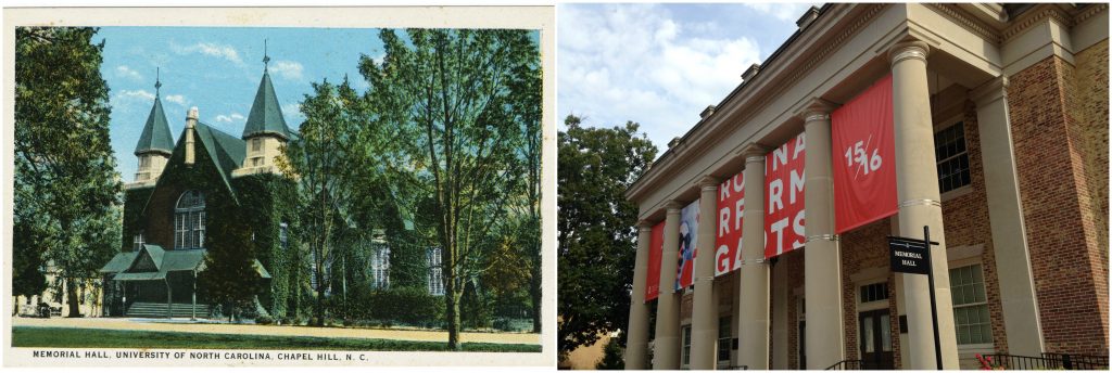Left: Memorial Hall, 1907 postcard; Right: Memorial Hall, 2015.