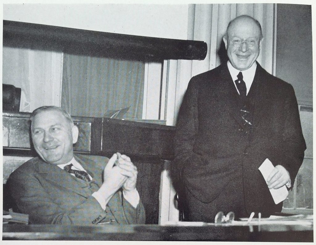 Governor Cherry (left) and Morehead (right) at the meeting of the University Board of Trustees meeting where he proposed the Planetarium