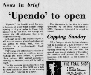 News brief in The Daily Tar Heel announcing the opening of Upendo Lounge in 1973.