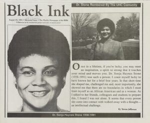 The entire August 26, 1992, edition of Black Ink was dedicated to UNC associate professor Sonja Haynes Stone.