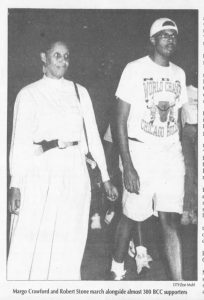 Free-standing BCC supporters marched to Chancellor Paul Hardin's house at about 11 p.m. on September 3, 1992. (The Daily Tar Heel, September 4, 1992.)