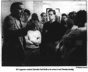 Students staged a two-week sit-in in South Building in April 1993. (The Daily Tar Heel, April 12, 1993.)