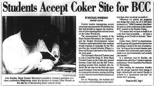 Student leaders announced acceptance of the Coker site during a November 10, 1993, press conference. (The Daily Tar Heel, November 11, 1993.)
