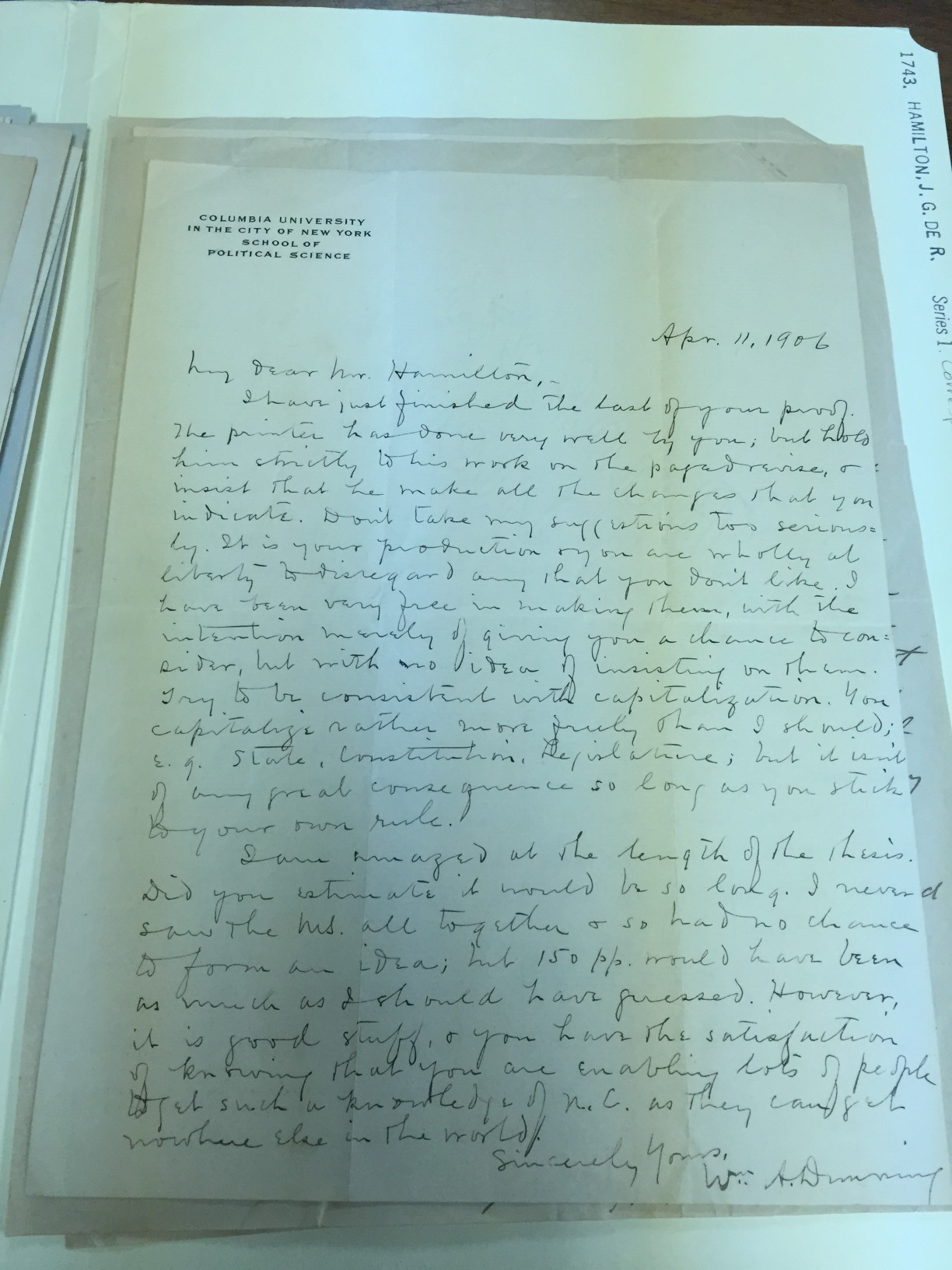 Letter from William Dunning to Hamilton, April 11, 1906.