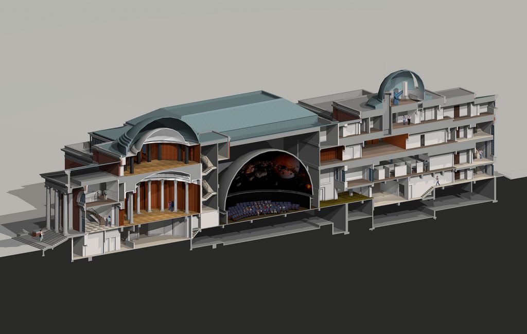 architectural plan of the Planetarium (left) with east wing addition (right), from Hartman-Cox Architects