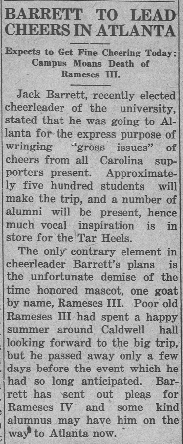 “Barrett to Lead Cheers in Atlanta,” Daily Tar Heel (Chapel Hill, NC), Oct. 11, 1929, accessed on March 26, 2017, //universityofnorthcarolinaatchapelhill.newspapers.com/image/67925096
