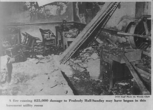 Peabody Hall the target of an arsonist. Courtesy of The Daily Tar Heel, October 21, 1969